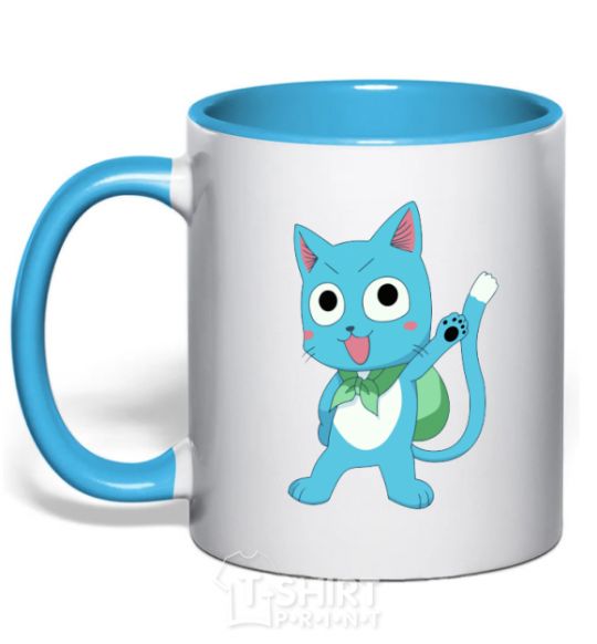 Mug with a colored handle Fairy Tail cat sky-blue фото