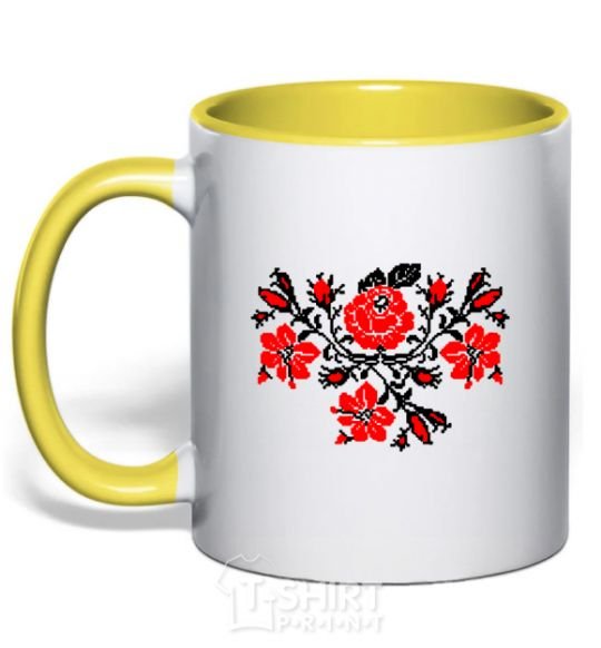 Mug with a colored handle Flowers embroidery b/w yellow фото