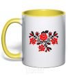 Mug with a colored handle Flowers embroidery b/w yellow фото