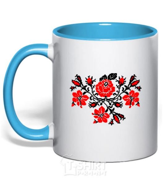 Mug with a colored handle Flowers embroidery b/w sky-blue фото