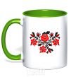 Mug with a colored handle Flowers embroidery b/w kelly-green фото