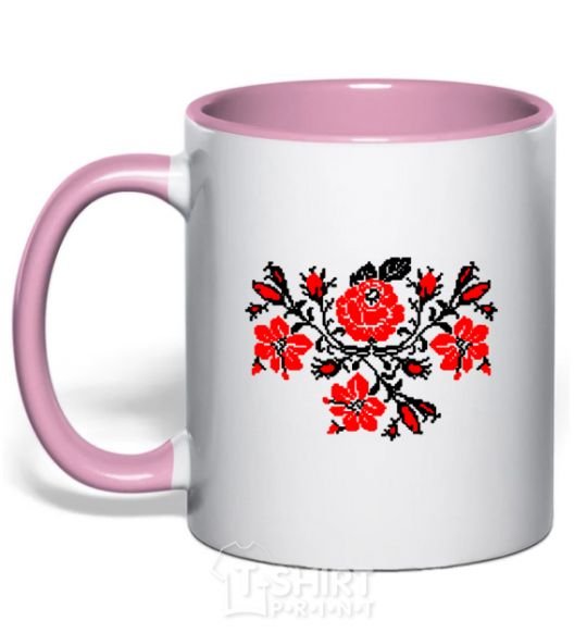 Mug with a colored handle Flowers embroidery b/w light-pink фото