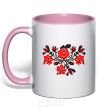 Mug with a colored handle Flowers embroidery b/w light-pink фото