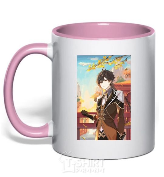 Mug with a colored handle Genshion impact Zhongli light-pink фото