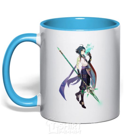 Mug with a colored handle Genshion's impact on Xiao sky-blue фото