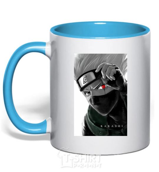 Mug with a colored handle Naruto Kakashi b&w sky-blue фото