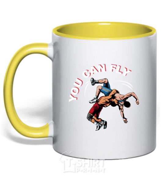 Mug with a colored handle You can fly yellow фото