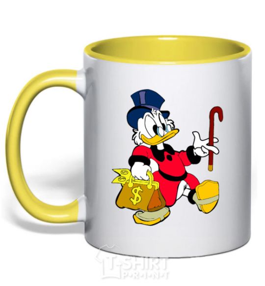 Mug with a colored handle Scrooge with the money yellow фото