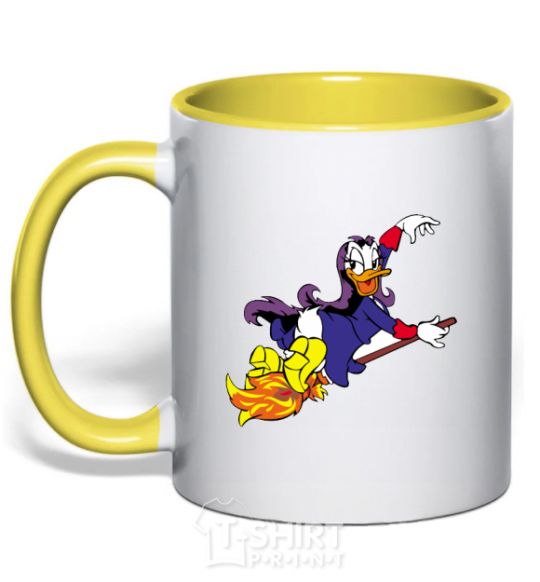 Mug with a colored handle Magic on a broom yellow фото