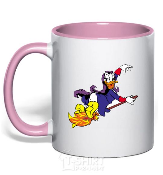 Mug with a colored handle Magic on a broom light-pink фото