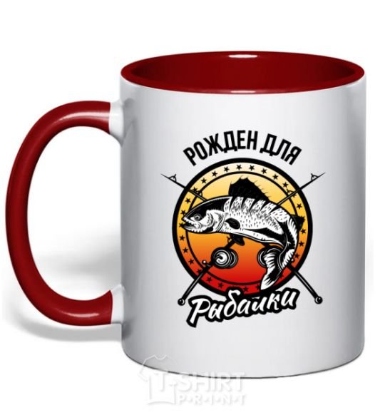 Mug with a colored handle Born to fish V.1 red фото