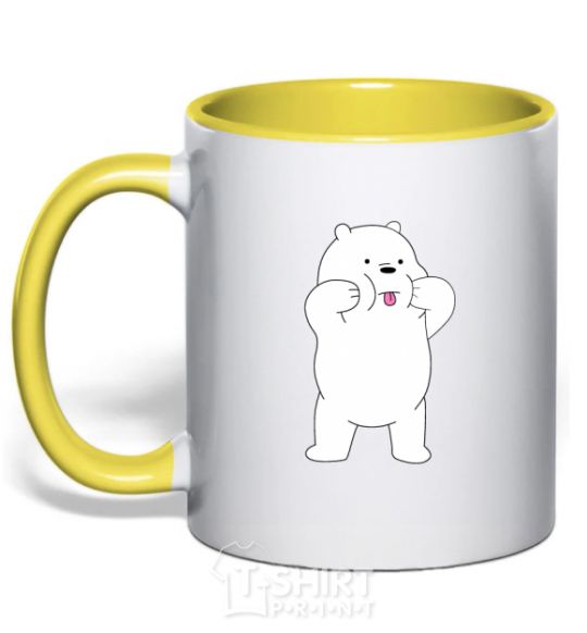 Mug with a colored handle Ordinary bears White shows his tongue yellow фото