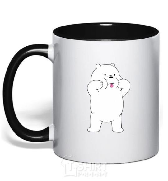 Mug with a colored handle Ordinary bears White shows his tongue black фото