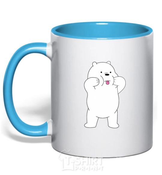 Mug with a colored handle Ordinary bears White shows his tongue sky-blue фото