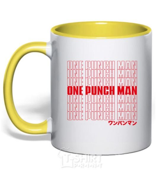 Mug with a colored handle One puch man text yellow фото