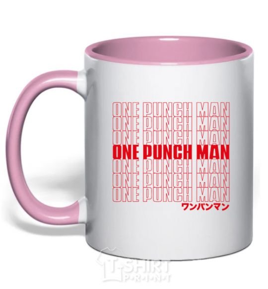 Mug with a colored handle One puch man text light-pink фото