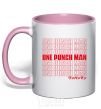 Mug with a colored handle One puch man text light-pink фото