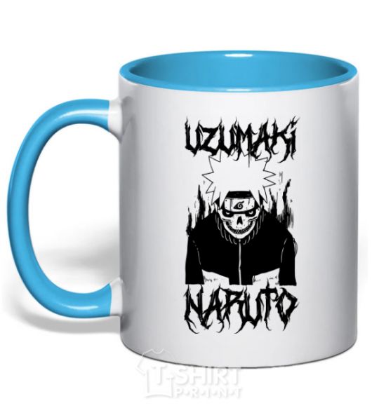 Mug with a colored handle Naruto Skull B&W sky-blue фото