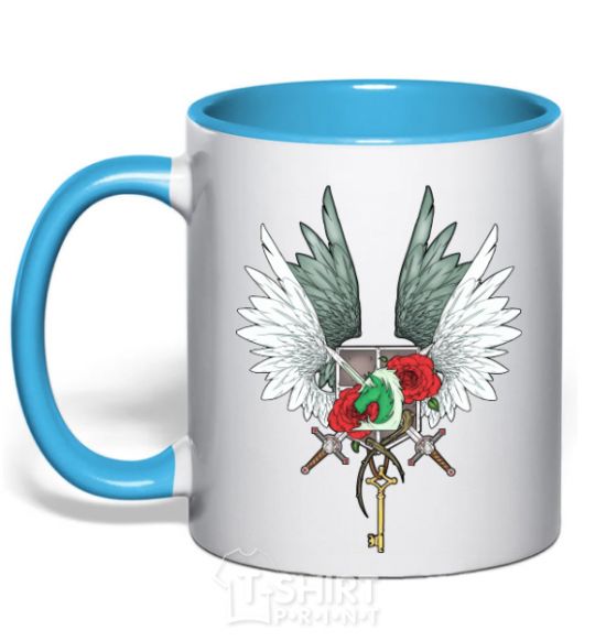 Mug with a colored handle Attack of the titans crests sky-blue фото