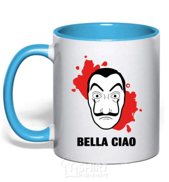 Mug with a colored handle BELLA CIAO stains sky-blue фото