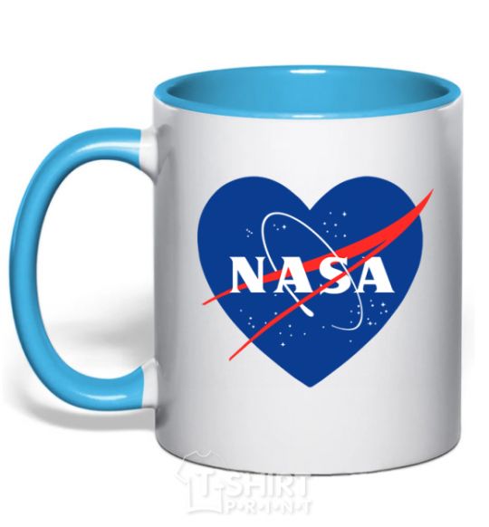 Mug with a colored handle Nasa logo heart sky-blue фото