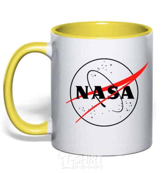 Mug with a colored handle Nasa logo outline yellow фото