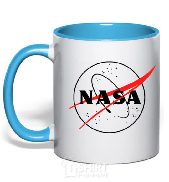 Mug with a colored handle Nasa logo outline sky-blue фото