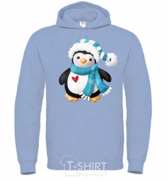 Men`s hoodie A penguin in a scarf sky-blue фото