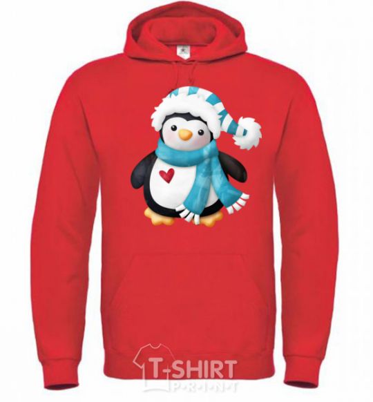 Men`s hoodie A penguin in a scarf bright-red фото