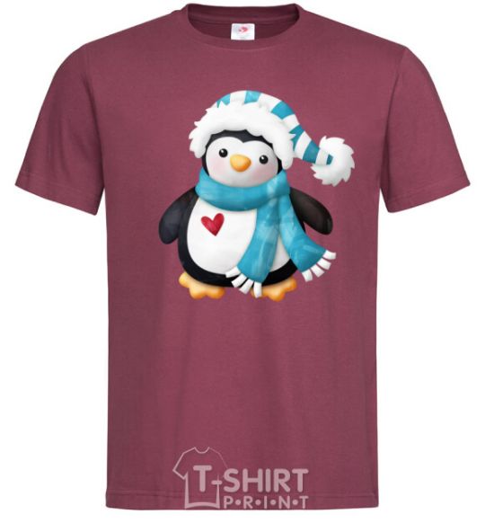 Men's T-Shirt A penguin in a scarf burgundy фото