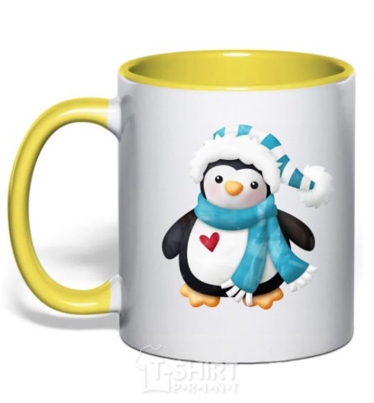 Mug with a colored handle A penguin in a scarf yellow фото