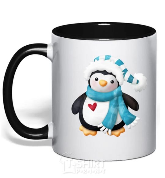 Mug with a colored handle A penguin in a scarf black фото