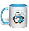 Mug with a colored handle A penguin in a scarf sky-blue фото