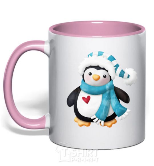 Mug with a colored handle A penguin in a scarf light-pink фото