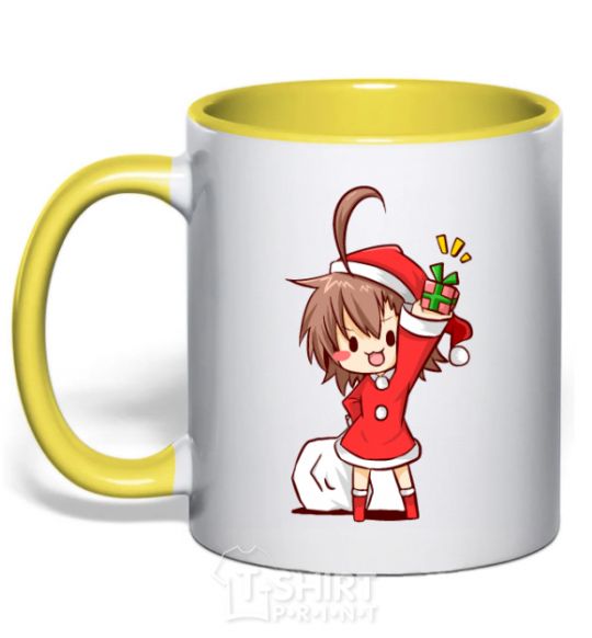 Mug with a colored handle Anime santa girl yellow фото