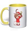 Mug with a colored handle Anime santa girl yellow фото