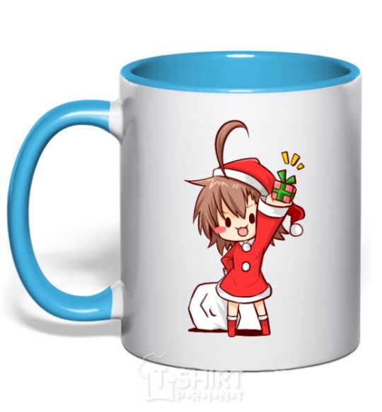 Mug with a colored handle Anime santa girl sky-blue фото