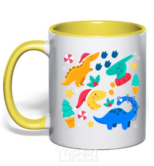 Mug with a colored handle Dinosaurs for New Year's Eve yellow фото