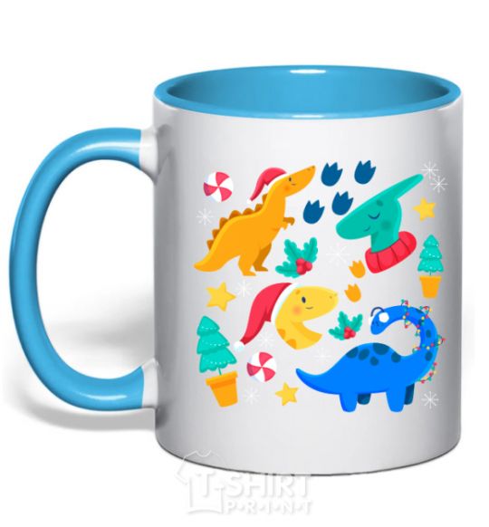 Mug with a colored handle Dinosaurs for New Year's Eve sky-blue фото