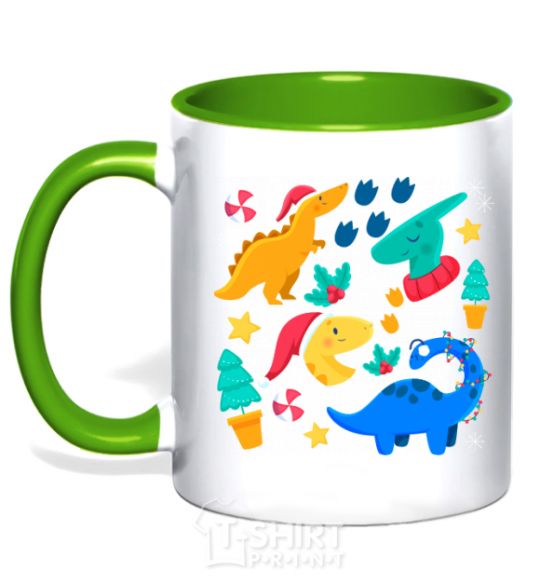 Mug with a colored handle Dinosaurs for New Year's Eve kelly-green фото