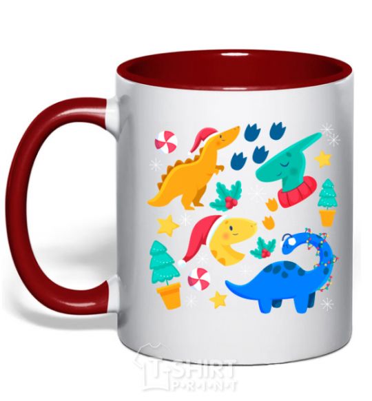 Mug with a colored handle Dinosaurs for New Year's Eve red фото