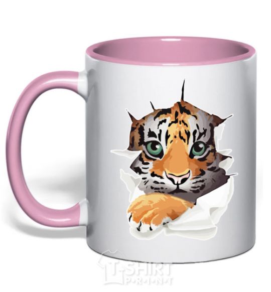 Mug with a colored handle The tiger is watching light-pink фото