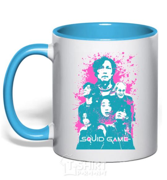Mug with a colored handle Squid game splash sky-blue фото