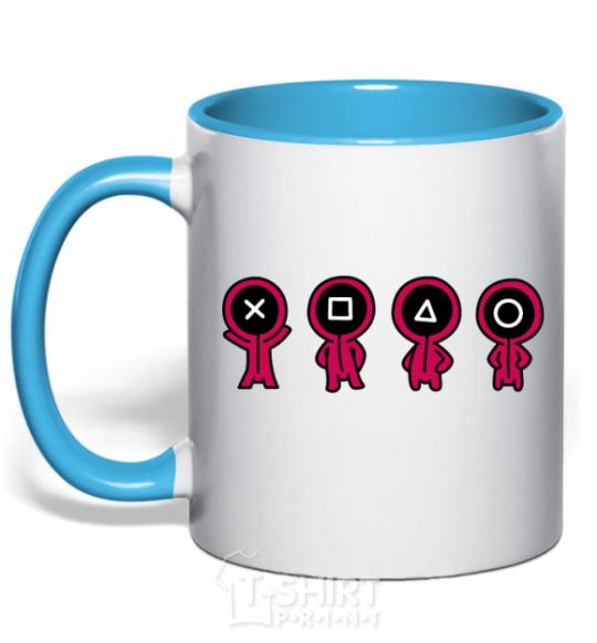 Mug with a colored handle Squid Man Game sky-blue фото