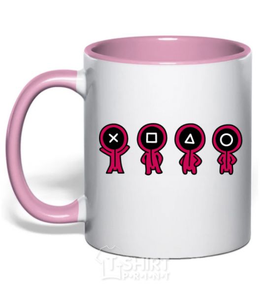 Чашка с цветной ручкой Игра в кальмара человечки Нежно розовый фото