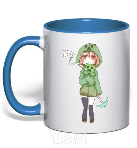 Mug with a colored handle Creeper anime minecraft royal-blue фото