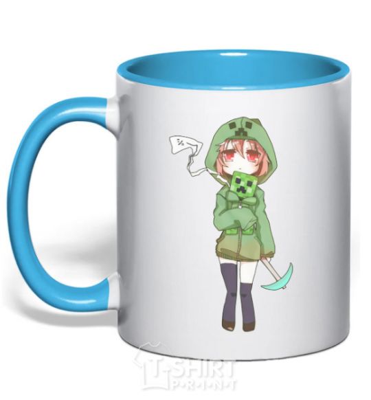 Mug with a colored handle Creeper anime minecraft sky-blue фото