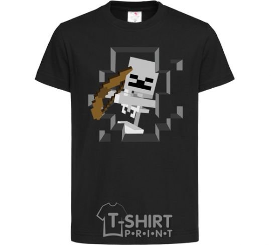 Kids T-shirt Minecraft skeleton in a cave. black фото