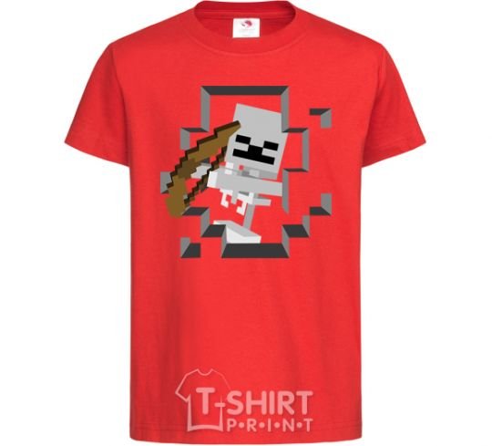 Kids T-shirt Minecraft skeleton in a cave. red фото