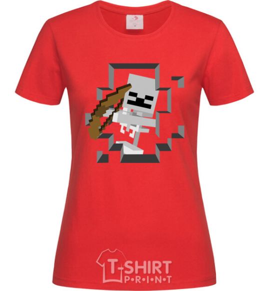 Women's T-shirt Minecraft skeleton in a cave. red фото
